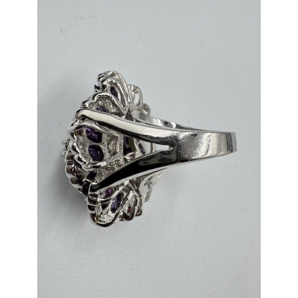 Silver Tone Purple & White Crystal Flower Bold Statement Cocktail Ring Size 7 - Picture 5 of 8